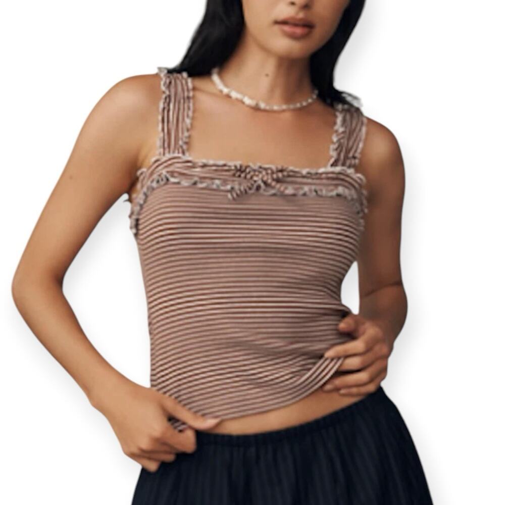 Anthropologie Maeve Dorrie Ruffled Cami Tank Top Size XL Brown White